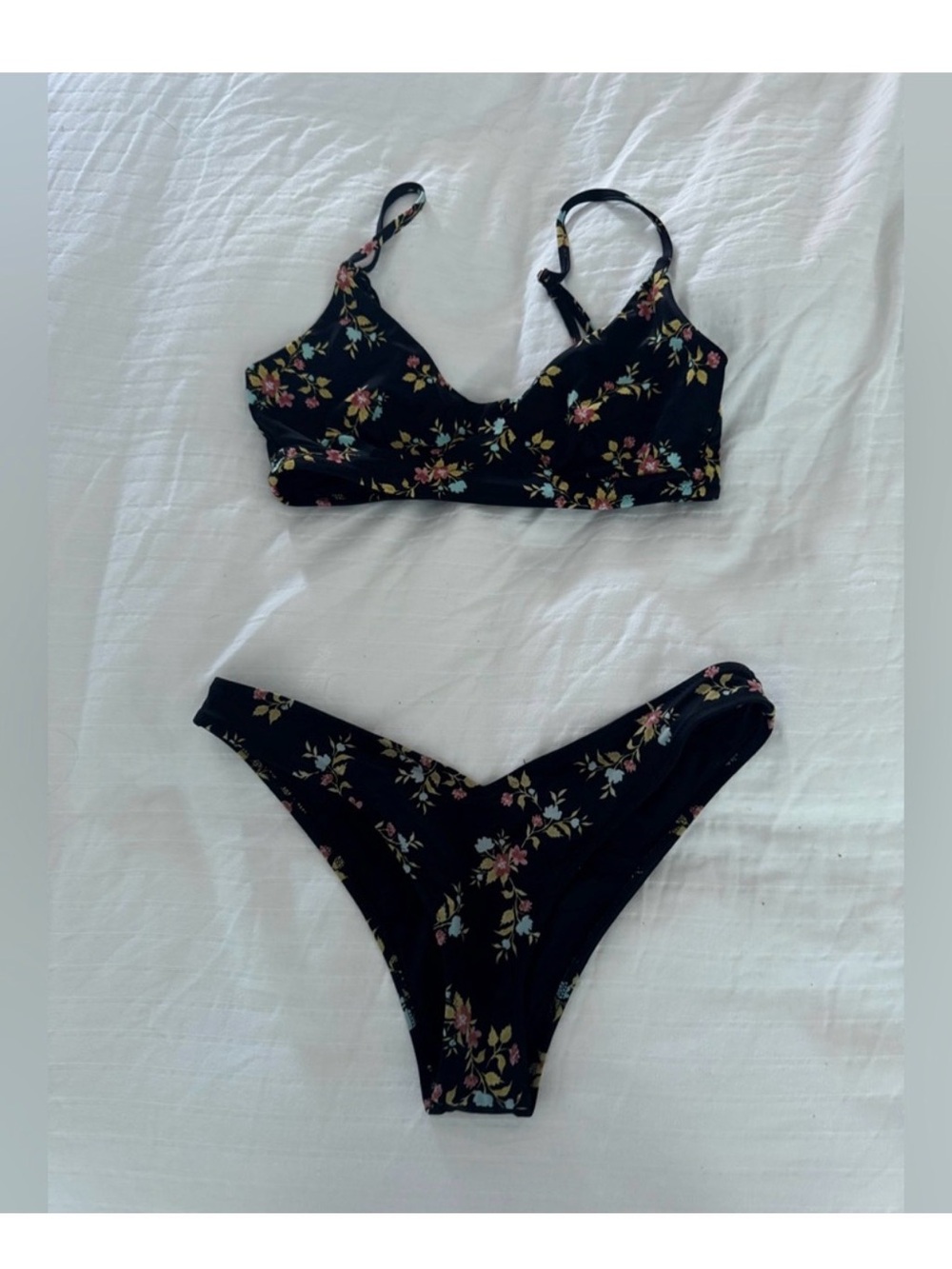 Tori Praver Black Floral Bikini Set with Pink and Green Accents